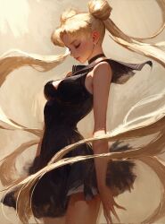1girl armpits bishoujo_senshi_sailor_moon black_choker black_dress blonde_hair breasts choker cleavage closed_eyes dress earrings highres jewelry lips long_hair ruan_zoe sailor_collar smile solo tsukino_usagi twintails