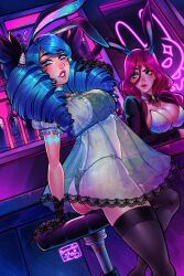 2girls animal_ears ass black_bow black_bowtie black_bra black_gloves black_panties black_thighhighs bow bowtie bra breasts chair cleavage closed_mouth dress gloves green_eyes green_hair gwen_(league_of_legends) hair_bow highres indoors large_breasts league_of_legends long_hair miss_fortune_(league_of_legends) multiple_girls panties poposhirat rabbit_ears red_bow red_bowtie red_hair see-through_clothes see-through_dress smile teeth thighhighs twintails underwear
