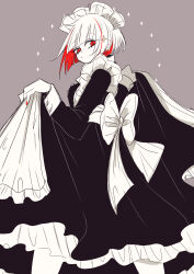 Rule 34 | 1girl, absurdres, alternate costume, apron, back bow, black dress, bob cut, bow, closed mouth, colored inner hair, commentary request, dress, enmaided, frilled apron, frills, highres, inverted bob, link! like! love live!, long dress, long sleeves, looking back, love live!, maid, maid apron, maid headdress, multicolored hair, nail polish, red eyes, red hair, red nails, rinren (chun8chun8chun), short hair, simple background, skirt hold, solo, streaked hair, two-tone hair, virtual youtuber, white apron, white hair, yugiri tsuzuri