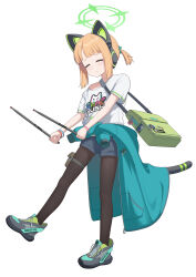 1girl absurdres alternate_costume animal_ear_headphones animal_ears bag band_shirt black_shorts blonde_hair blue_archive bow brown_pantyhose cat_ear_headphones cat_tail closed_eyes closed_mouth clothes_around_waist commentary_request dot_nose drumsticks dsfr facing_viewer fake_animal_ears fake_tail full_body green_bag green_bow green_halo green_jacket green_shoes hair_bow halo headphones highres holding holding_drumsticks jacket jacket_around_waist large_variant_set merchandise midori_(blue_archive) official_style pantyhose ponytail shirt shoes short_ponytail shorts shoulder_bag simple_background single_bare_shoulder solo tail tearing_up variant_set white_background white_shirt