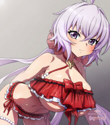1girl ahoge bare_shoulders bent_over bikini bow breasts cleavage commentary_request frilled_bikini frills grey_background hair_between_eyes halterneck huge_breasts long_hair low_twintails navel purple_eyes purple_hair red_bikini red_bow senki_zesshou_symphogear side-tie_bikini_bottom signature simple_background solo swimsuit twintails twitter_username uganda_(ugandam_00) underboob very_long_hair yukine_chris