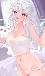 Rule 34 | 1girl, arnyang (ayatsuno yuni), ayatsuno yuni, breasts, camisole, choppy bangs, cleavage, collarbone, commentary request, cowboy shot, crop top, crop top overhang, frilled panties, frills, hands up, haro (1026 86), highres, holding, large breasts, light blush, long hair, looking at viewer, midriff, navel, no bra, no pants, open mouth, panties, purple eyes, smile, solo, standing, star-shaped pupils, star (symbol), stellive, string panties, symbol-shaped pupils, underwear, virtual youtuber, white camisole, white hair, white panties
