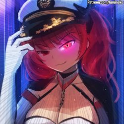 1girl azur_lane breasts chain cleavage code_geass collar commentary elbow_gloves emphasis_lines evil_smile geass gloves glowing glowing_eye hat honolulu_(azur_lane) large_breasts lelouch_vi_britannia looking_at_viewer lumineko peaked_cap red_eyes red_hair smile twintails upper_body white_gloves