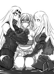 10s 3girls abyssal_ship aircraft_carrier_oni aircraft_carrier_water_oni armor armored_boots black_dress boots bound breasts detached_sleeves dress frown gauntlets greyscale hair_ornament hakama hakama_short_skirt hakama_skirt hand_on_another&#039;s_face hand_on_another&#039;s_thigh hand_on_thigh japanese_clothes joyful kantai_collection kneeling large_breasts long_hair looking_at_another miniskirt monochrome multiple_girls muneate nervous one_side_up ribbed_dress rivalry rope sailor_dress shaded_face short_dress skirt sweat thigh_boots thighhighs tied_up twintails white_background white_hair yuri zettai_ryouiki zuikaku_(kancolle)
