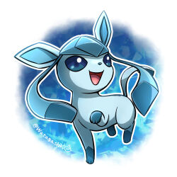 Rule 34 | :d, absurdres, blue background, blue eyes, commentary request, full body, gen 4 pokemon, glaceon, happy, highres, leg up, looking to the side, nintendo, no humans, open mouth, outline, partial commentary, pokemon, pokemon (creature), pokemon focus, signature, smile, solo, twitter username, two-tone background, watagashikn, white background, white outline