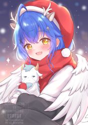 absurdres ahoge amamiya_kokoro angel_wings animal_ears antlers blue_hair blush christmas deer_antlers deer_ears fang hair_between_eyes hair_ornament happy hat highres horns hug looking_at_viewer matcha_november neko_(amamiya_kokoro) nijisanji open_mouth red_scarf santa_hat scarf skin_fang snowing star_(symbol) star_hair_ornament virtual_youtuber wings x_hair_ornament yellow_eyes
