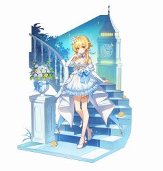 1girl adapted_costume bare_shoulders blonde_hair blush breasts bridal_gauntlets cleavage clock clock_tower closed_mouth commentary_request detached_sleeves dress flower full_body genshin_impact hair_flower hair_ornament hand_up high_heels highres looking_at_viewer lumine_(genshin_impact) medium_breasts pine_(angel4195202) railing short_hair_with_long_locks sleeveless sleeveless_dress smile solo stairs tower white_background white_bridal_gauntlets white_dress white_flower white_footwear white_sleeves yellow_flower