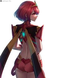 1girl absurdres artist_name ass blush bob_cut breasts commentary earrings floating_earrings gem headpiece highres jewelry pyra_(xenoblade) red_eyes red_hair riro_(breakthrough_rr) short_hair shorts simple_background solo swept_bangs tiara twitter_x_logo white_background xenoblade_chronicles_(series) xenoblade_chronicles_2