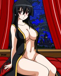 Rule 34 | 1girl, akame (akame ga kill!), akame ga kill!, ass, bare arms, bare legs, black hair, blush, bottomless, breasts, building, castle, casual nudity, city below, cleavage, cloud, cloudy sky, couch, curtains, evening, thighs, exposing self, fancy dress, female focus, hair between eyes, indoors, large breasts, legs, long hair, looking at viewer, midriff, naked robe, navel, night, night sky, nipples, no bra, no panties, nude, pale skin, red eyes, revealing clothes, robe, sexually suggestive, sitting, sky, solo, stars, thighs, tree, very long hair