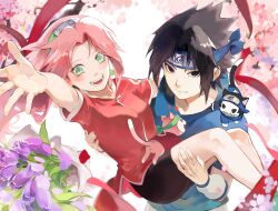 Rule 34 | 1boy, 1girl, black hair, blue shirt, carrying, cat, cherry blossoms, dress, flower, forehead protector, green eyes, haruno sakura, headband, highres, konohagakure shinobi uniform, konohagakure symbol, long hair, looking at viewer, mlynar, naruto (series), open mouth, pink hair, princess carry, reaching, reaching towards viewer, red dress, shirt, smile, spiked hair, tulip, uchiha sasuke