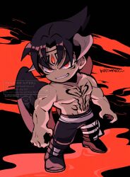 Rule 34 | 1boy, black boots, black hair, black pants, black wings, boots, chest tattoo, chibi, chibi only, devil jin, facial mark, full body, grin, highres, horns, kazama jin, kotorai, looking at viewer, male focus, no nose, pants, red eyes, smile, solo, tattoo, tekken, thick eyebrows, topless male, v-shaped eyebrows, wings
