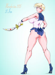 1girl ass bishoujo_senshi_sailor_moon blonde_hair blue_eyes blush breasts character_name dated holding holding_sword holding_weapon large_breasts looking_at_viewer open_mouth sailor_senshi_uniform sailor_uranus short_hair solo sword ten&#039;ou_haruka tiara vyz03110 weapon