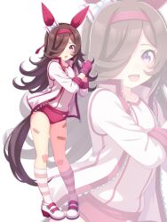 1girl animal_ears bandaid black_hair blush breasts buruma commentary_request cosplay full_body hairband haru_urara_(umamusume) haru_urara_(umamusume)_(cosplay) highres hokuyukis horse_ears horse_girl jacket long_hair looking_at_viewer open_mouth purple_eyes rice_shower_(umamusume) small_breasts solo thighs umamusume white_background