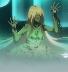 1girl anime_screenshot blonde_hair breasts christiana_leta_roseblaire collarbone colored_skin eye_on_hand eyes_on_hands green_eyes green_skin hand_eye highres large_breasts long_hair monsterification ore_wa_seikan_kokka_no_akutoku_ryoushu! stitched third-party_edit