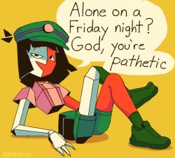 Rule 34 | 1girl, alone on a friday night? (meme), black eyes, black hair, crossed legs, ena: dream bbq, ena (dream bbq), english text, hat, insulting viewer, meme, open mouth, salesperson ena, simple background, sitting, solo, speech bubble, split-color skin, yellow background, zzeravera