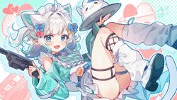 1girl :3 ahoge animal_ears apron aqua_hair aqua_jacket aqua_nails artist_name ass blue_bow blue_choker blue_eyes blush bow cat_ears cat_girl cat_tail choker clothing_cutout colored_inner_animal_ears commentary dot_nose english_commentary fang fishnet_socks fishnets ghost grey_hair gun hair_bow hair_ornament handgun heart heart_hair_ornament heart_o-ring highres holding holding_gun holding_tray holding_weapon indie_virtual_youtuber jacket jersey_maid kemonomimi_mode long_sleeves looking_at_viewer loose_socks maid maid_headdress medium_hair mint_fantome mole mole_on_thigh multicolored_hair nail_polish necklesslee o-ring o-ring_choker one_side_up open_mouth plaid_clothes pointy_ears shoe_soles shoes shoulder_cutout skin_fang skindentation sleeves_past_wrists smile socks solo streaked_hair tail thigh_strap track_jacket tray trigger_discipline two-tone_hair unconventional_maid very_long_fingernails virtual_youtuber weapon weapon_request white_apron white_shoes white_socks wisps_(mint_fantome) x_hair_ornament