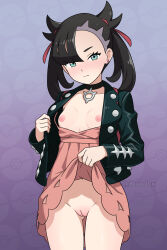 Rule 34 | 1girl, absurdres, asymmetrical bangs, black choker, black hair, black jacket, blush, breasts, choker, cleft of venus, closed mouth, clothes lift, cowboy shot, dress, dress lift, earrings, female focus, green eyes, hair ribbon, harukadew, highres, jacket, jewelry, lifting own clothes, looking at viewer, marnie (pokemon), navel, nintendo, nipples, no bra, no panties, open clothes, open jacket, petite, pink dress, pokemon, pokemon swsh, purple background, pussy, ribbon, small breasts, solo, standing, tagme, twintails, twitter username, uncensored