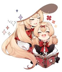2girls :d absurdres alice_(genshin_impact) blonde_hair book bow bowtie closed_eyes clover clover_print commentary_request design_speculation genshin_impact hat highres holding holding_book juliet_sleeves klee_(blossoming_starlight)_(genshin_impact) klee_(genshin_impact) long_hair long_sleeves low_twintails mother_and_daughter multiple_girls official_alternate_costume open_book open_mouth pointy_ears puffy_sleeves red_bow red_bowtie red_hat red_ribbon ribbon simple_background smile twintails usako_(usako1031) white_background witch_hat