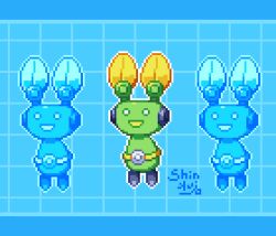 belt blue_background character_request check_character commentary_request grid_background mega_man_(series) mega_man_battle_network_(series) mr._prog_(mega_man) multiple_persona no_humans no_pupils open_mouth pixel_art robot shinku_castle smile solo yellow_belt