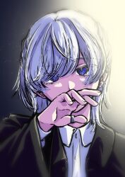 1girl black_coat blue_eyes coat collared_shirt ear_piercing highres looking_at_viewer medium_hair original piercing rtu162636 shirt solo straight-on white_hair white_shirt