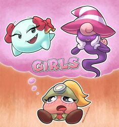 3girls artist_name blonde_hair blush boo_(mario) bow bow_(paper_mario) buttercolors commentary drooling english_commentary english_text fangs ghost_tail gloves goomba goombella hat heart heart_in_eye helmet highres imagining mario_(series) mining_helmet multiple_girls necktie nintendo open_mouth paper_mario paper_mario:_the_thousand-year_door peeka_(mario) ponytail searchlight simple_background smile symbol_in_eye vivian_(paper_mario) witch_hat yuri