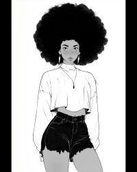 Rule 34 | 1girl, afro, arms behind back, big hair, closed mouth, contrapposto, cowboy shot, crop top, crop top overhang, cutoffs, dark-skinned female, dark skin, denim, denim shorts, earrings, emanuel r ferreira, eyelashes, forehead, freckles, greyscale, highres, jewelry, lips, looking at viewer, midriff peek, monochrome, navel, nose, original, pendant, pillarboxed, pocket, shirt, short shorts, shorts, simple background, sleeves past wrists, solo, standing, thick lips, thighs, turtleneck, white background