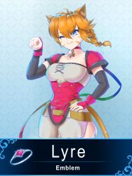 1girl alternate_eye_color animal_ear_fluff animal_ears belt blue_eyes braid breasts cat_ears cat_girl claws collar commission commissioner_upload english_text facepaint facial_mark fang fire_emblem fire_emblem:_radiant_dawn fire_emblem_engage hand_guard hand_on_own_hip highres jewelry keldancon laguz_(fire_emblem) lyre_(fire_emblem) medium_breasts messy_hair nintendo o-ring o-ring_belt one_eye_closed orange_hair orange_tail pink_collar rainbow_ribbon ring shorts side_slit side_slit_shorts simple_background smile solo thick_thighs thighs whisker_markings