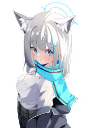 1girl absurdres akinoji_(akiponpon27) animal_ear_fluff animal_ears black_jacket black_skirt blue_archive blue_eyes blue_halo blue_scarf blush breasts bright_pupils commentary_request cross_hair_ornament grey_hair hair_ornament halo highres jacket large_breasts plaid_clothes plaid_skirt scarf shiroko_(blue_archive) shirt simple_background skirt solo white_background white_pupils white_shirt wolf_ears