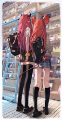 2girls absurdres alternate_costume animal_ears badge bag bag_charm black_horns black_shoes black_skirt black_socks black_thighhighs blue_skirt book bookshelf border button_badge cardigan character_doll charm_(object) doll facing_away from_behind grey_cardigan hakos_baelz hashtag-only_commentary height_difference highres hololive hololive_english horns irys_(hololive) kneehighs ladder loafers long_hair long_legs mouse_ears mouse_girl mouse_tail mr._squeaks_(hakos_baelz) multiple_girls plaid_clothes plaid_skirt pleated_skirt pointy_ears purple_hair red_hair school_bag school_uniform scrunchie shirt shoes short_sleeves skirt socks standing tail tail_around_another&#039;s_leg tail_wrap thighhighs very_long_hair virtual_youtuber white_border white_shirt wooden_floor wrist_scrunchie yellow_scrunchie yu_pian zettai_ryouiki