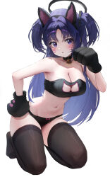 1girl animal_ears animal_hands bell black_bra black_panties black_thighhighs blue_archive blush bolcham bow bow_panties bra breasts cat_cutout cat_ears cat_paws cleavage cleavage_cutout clothing_cutout collarbone fake_animal_ears gloves halo highres jingle_bell large_breasts long_hair looking_at_viewer mechanical_halo navel neck_bell panties paw_gloves purple_eyes purple_hair simple_background solo thighhighs two_side_up underwear underwear_only white_background yuuka_(blue_archive)