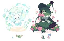 asymmetrical_bangs black_eyes black_flower black_rose charamells creature fish flower full_body fusion gen_4_pokemon gen_5_pokemon gen_8_pokemon green_hair hat hatterene ice ice_cube looking_at_viewer multiple_fusions nintendo pink_flower pink_rose pokemon pokemon_(creature) purple_eyes reuniclus rose roserade simple_background sitting snom standing white_background witch_hat