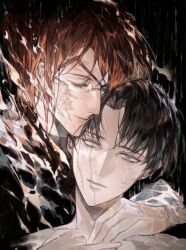 1boy 1girl absurdres black_hair burn_scar cataracts caustics chinese_commentary commentary crying crying_with_eyes_open curtained_hair expressionless eyepatch glasses grey_eyes hange_zoe heterochromia highres hug levi_(shingeki_no_kyojin) orange_hair parted_lips rimless_eyewear scar scar_on_face shingeki_no_kyojin stitched_face stitches streaming_tears tears tears_from_one_eye zhouliang48183