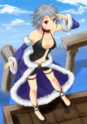 1girl breasts choker cleavage column detached_sleeves female_focus fur-trimmed_sleeves fur-trimmed_waist_cape fur_trim highres kurohachiboku large_breasts leaning_forward looking_at_viewer pillar purple_eyes ragnarok_online salute short_hair short_shorts shorts silver_hair smile solo stalker stalker_(ragnarok_online) waist_cape water