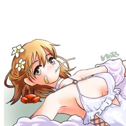 1girl baku_(burst) bandaid bandaid_on_face brown_eyes brown_hair casual_one-piece_swimsuit choker cosplay crab criss-cross_halter drinking_straw flower frilled_one-piece_swimsuit frills hair_flower hair_ornament hairband halterneck highres kantai_collection lying mouth_hold oboro_(kancolle) one-hour_drawing_challenge one-piece_swimsuit sagiri_(kancolle) sagiri_(kancolle)_(cosplay) sagiri_(swimsuit)_(kancolle) shawl short_hair side-tie_swimsuit simple_background solo swimsuit upper_body white_background white_choker white_one-piece_swimsuit white_shawl