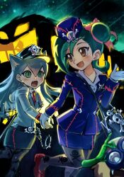 2girls animal_ears blue_jacket blue_sky cat_ears cat_girl cathy_(yu-gi-oh!) cosplay duel_monster green_eyes green_hair grey_hair hair_bun holding_hands jacket long_hair mizuki_kotori_(yu-gi-oh!) multiple_girls saltedfishxuan sky slit_pupils tour_guide_from_the_underworld tour_guide_from_the_underworld_(cosplay) yellow_eyes yu-gi-oh! yu-gi-oh!_zexal