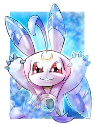 ahoge blue_fur crescent_moon digimon digimon_(creature) dramonbt happy lunamon moon multicolored_fur red_eyes smile teeth white_fur