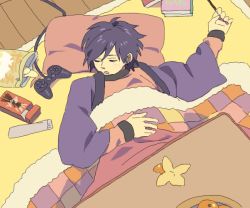 1boy book book_stack chips_(food) closed_eyes controller food from_above fruit game_console game_controller hanten_(clothes) honya_lala honyarara kotatsu mandarin_orange orange_(fruit) original pillow playstation_2 pocky purple_hair sleeping slice_of_life table under_kotatsu under_table