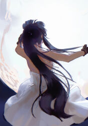 1girl ashashio backless_dress backless_outfit backlighting bare_shoulders blue_hair blunt_bangs breasts brown_gloves dress facing_away facing_up floating_clothes from_behind full_moon gloves highres long_hair minato_hikaru moon night outstretched_arms ponytail sleeveless sleeveless_dress small_breasts soukou_akki_muramasa spaghetti_strap spread_arms very_long_hair white_dress