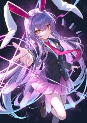 1girl animal_ears black_background black_jacket black_shoes black_socks blazer collared_shirt commentary crescent crescent_pin danmaku diffraction_spikes eye_trail finger_gun highres jacket lazuri7 light_trail loafers long_hair long_sleeves looking_at_viewer necktie pink_skirt pleated_skirt purple_eyes purple_hair rabbit_ears rabbit_girl red_necktie reisen_udongein_inaba shirt shoes skirt socks solo standing standing_on_one_leg touhou very_long_hair white_shirt