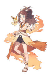 Rule 34 | 1girl, :d, antenna hair, brown footwear, brown hair, coat, commentary request, eyelashes, feet, full body, gen 5 pokemon, hair ribbon, high ponytail, highres, hilda (pokemon), hilda (sygna suit) (pokemon), jewelry, legendary pokemon, long hair, mythical pokemon, nintendo, official alternate costume, open mouth, pankona (ubsssss), pokemon, pokemon (creature), pokemon masters ex, ponytail, ribbon, ring, shoes, shorts, sidelocks, smile, standing, toes, v, victini, white ribbon