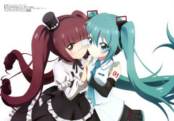 2girls absurdres anime_coloring arm_tattoo artist_name black_gloves black_hairband black_hat black_skirt blush brown_eyes brown_hair copyright_name copyright_notice crossover elbow_gloves eyepatch floating_hair gloves gothic_lolita green_eyes green_hair green_necktie hairband hanazono_yurine hand_on_another&#039;s_hand hat hatsune_miku headphones highres jashin-chan_dropkick jin_x103 lolita_fashion long_hair long_sleeves looking_at_viewer magazine_scan medical_eyepatch megami_magazine mini_hat multiple_girls necktie number_tattoo official_art puffy_long_sleeves puffy_sleeves scan shirt simple_background skirt sleeveless sleeveless_shirt smile tattoo third-party_source twintails very_long_hair vocaloid white_background white_shirt