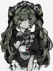 1girl apron black_dress black_ribbon closed_mouth commentary corin_wickes dress green_hair grey_background hair_between_eyes hair_ornament hair_ribbon highres long_hair maid maid_headdress mizunako puffy_sleeves ribbon screw_hair_ornament short_sleeves simple_background solo sweat twintails upper_body very_long_hair white_apron zenless_zone_zero