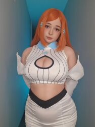 1girl arms_behind_back bleach bleach:_sennen_kessen-hen breasts brown_eyes cleavage cleavage_cutout clothing_cutout cosplay cosplay_photo detached_sleeves female_focus hair_ornament hairclip indoors inoue_orihime inoue_orihime_(cosplay) large_breasts lips long_hair looking_at_viewer orange_hair photo_(medium) skirt yoshinobi_cos