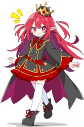 1girl black_boots black_crown black_dress blush boots bow bowtie closed_mouth commentary_request crown dot_nose dress fang fang_out frilled_dress frills full_body highres kotatsu-mazoku long_hair long_sleeves looking_at_viewer notice_lines original pink_eyes pointy_ears red_bow red_bowtie red_hair simple_background skin_fang smile solo standing thighhighs two_side_up white_background white_thighhighs zettai_ryouiki