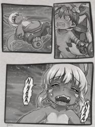1boy 1girl 1other 3koma animal_ears blush bune_poster comic comic_panel_redraw crying derivative_work fake_horns fangs faputa furry furry_female furry_with_non-furry greyscale helmet horned_helmet horns interspecies kanojo_okarishimasu kazuya_crying_(meme) made_in_abyss meme monochrome nanachi_(made_in_abyss) netorare nipples open_mouth reg_(made_in_abyss) reverse_netorare scene_reference short_hair tail tears teeth whiskers