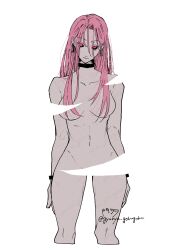 Rule 34 | 1girl, absurdres, arms at sides, belt collar, black choker, black sclera, bracelet, breasts, choker, collar, collarbone, colored sclera, completely nude, convenient censoring, earrings, feet out of frame, gyunyu gokugoku, hair between eyes, highres, jewelry, jujutsu kaisen, long hair, looking at viewer, medium breasts, navel, nude, pink eyes, pink hair, solo, standing, stomach, thighs, uro takako, white background