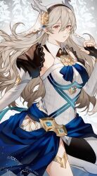 1girl absurdres ai_tkkm artist_name azura_(fire_emblem) azura_(fire_emblem)_(cosplay) azura_(song&#039;s_reflection)_(fire_emblem) black_gloves black_hairband breasts cosplay cowboy_shot fake_horns female_corrin_(fire_emblem) fingerless_gloves fire_emblem fire_emblem_fates fire_emblem_heroes gloves grey_hair hair_between_eyes hairband highres horns long_hair looking_at_viewer medium_breasts nintendo official_alternate_costume pointy_ears red_eyes solo standing thighs twitter_username very_long_hair watermark