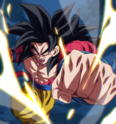 Rule 34 | 1boy, black hair, blue sash, body fur, clenched hand, dragon ball, dragon ball gt, incoming attack, incoming punch, long hair, male focus, monkey boy, monkey tail, motion blur, motion lines, muscular, muscular male, no nipples, pants, pectorals, punching, red fur, rom (20), saiyan, sash, solo, son goku, spiked hair, super saiyan, super saiyan 4, tail, yellow eyes, yellow pants