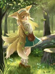 1girl :d animal_ears ankle_socks aqua_hairband arknights artist_name blonde_hair brown_shoes chinese_commentary commentary_request day falling_leaves flower frilled_hairband frills full_body grass green_eyes hairband itsuka_(pixiv90988220) leaf long_hair long_sleeves looking_at_viewer multiple_tails official_alternate_costume open_mouth outdoors partial_commentary plant shoes smile socks solo standing sunlight suzuran_(arknights) suzuran_(spring_praise)_(arknights) sweater tail tree tree_stump turning_head white_flower white_sweater wind yellow_tail