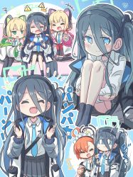 +++ 0_0 4girls :d ^^^ ^_^ absurdres ahoge animal_ears aris_(blue_archive) black-san black_hair black_hairband black_legwear blonde_hair blue_archive blue_eyes blue_neckwear blush bow brown_hair cat_ears closed_eyes closed_mouth collared_shirt commentary_request controller couch fake_animal_ears game_controller green_bow green_eyes guriin hair_between_eyes hair_bow hairband halo highres holding hugging_own_legs jacket kneeling knees_up long_hair long_hair_between_eyes long_sleeves maid_headdress midori_(blue_archive) mole mole_under_eye momoi_(blue_archive) multiple_girls necktie neru_(blue_archive) no_shoes on_couch one_side_up open_clothes open_jacket open_mouth pleated_skirt pointing red_bow shirt siblings sign sisters sitting skirt smile socks squiggle surprised thighhighs translation_request turn_pale very_long_hair warning_sign white_jacket white_shirt